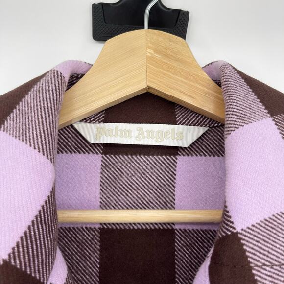 Palm Angels | Purple Brown Buffalo Check Plaid Logo Flannel Shirt Jacket 40 US L - Picture 6 of 16
